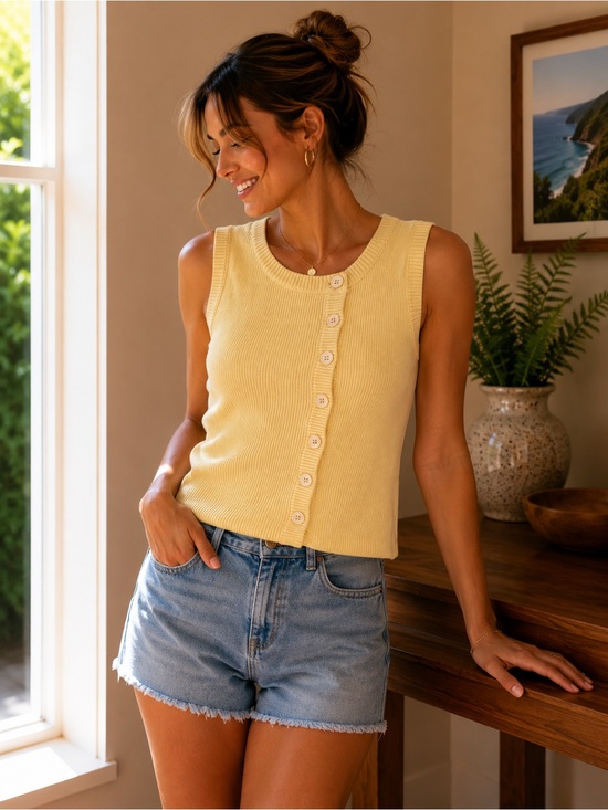 RIHOAS Tops - RIHOAS Pale Yellow Ribbed Button-Front Tank